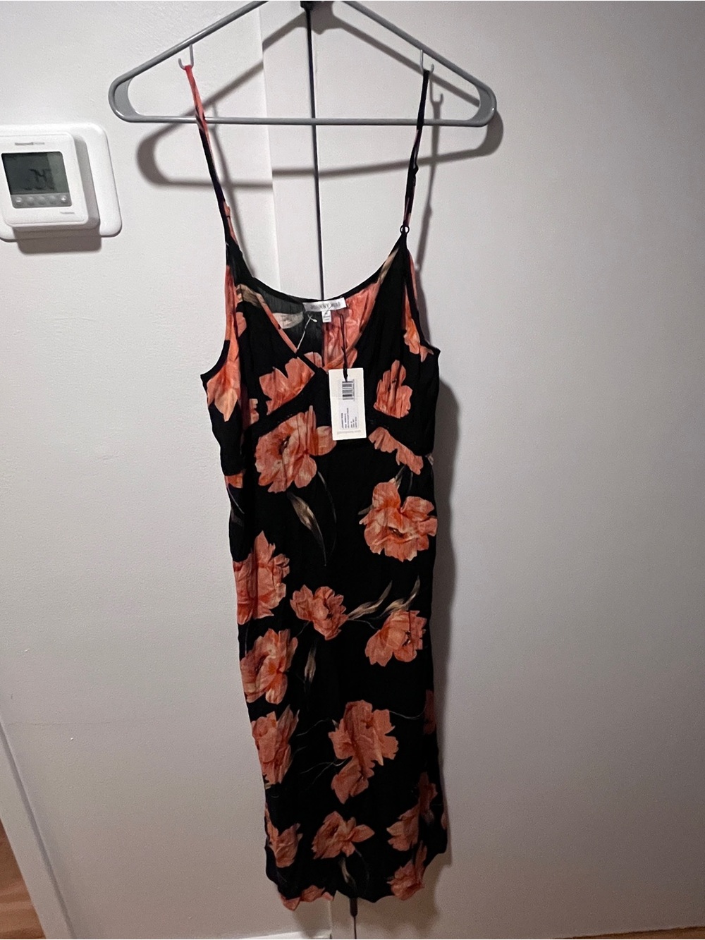 Johnny Was Black Slip Midi Dress with Coral Floral Print